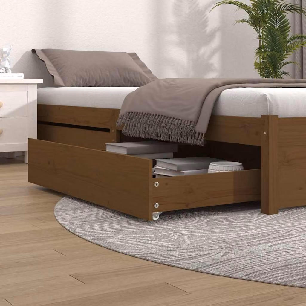 Set di 2 cassetti per letto vidaXL in legno massello di pino, colore marrone ambra, L: 103 cm, P: 95 cm, H: 18 cm