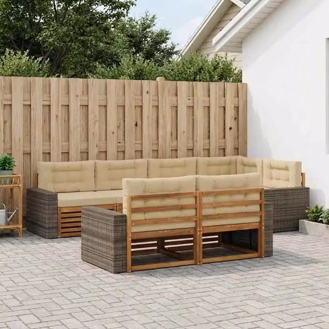 Set di divani da esterno moderno vidaXL in legno di acacia e rattan, colore beige, composto da 7 pezzi con cuscini inclusi