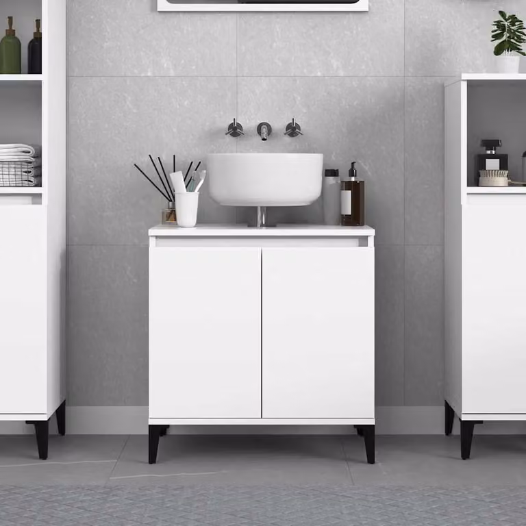 Mobile Lavabo Moderno vidaXL Bianco con Ante a Battente in Legno e Metallo L: 58 cm, P: 33 cm, H: 60 cm