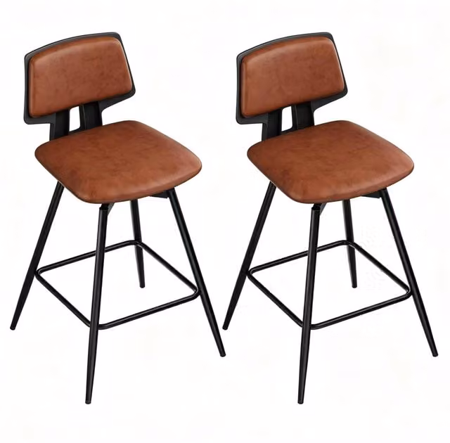 Set di 2 Sgabelli da Bar con Schienale Ergonomico in Ecopelle Marrone, 45,5x45,5x89 cm, Portata 150 kg