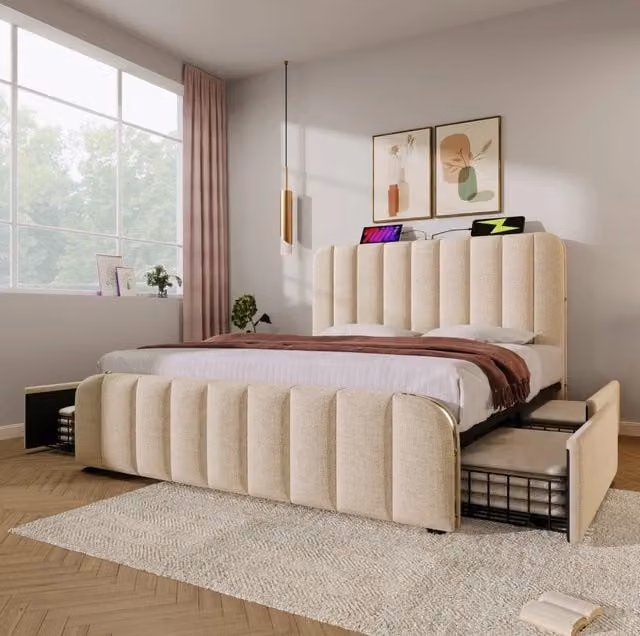 Letto matrimoniale imbottito ULEVR 160x200 cm con 4 cassetti, USB e Type-C, lino beige