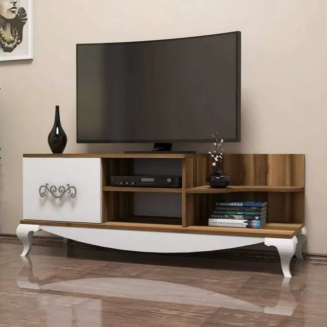 Mobile porta TV Assolo, Credenza da soggiorno, Armadio basso per TV, Base parete attrezzata, 130x45h51 cm, Noce e Bianco