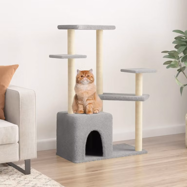 Albero per gatti vidaXL con tiragraffi in sisal e legno, colore grigio, Altezza: 107,5 cm