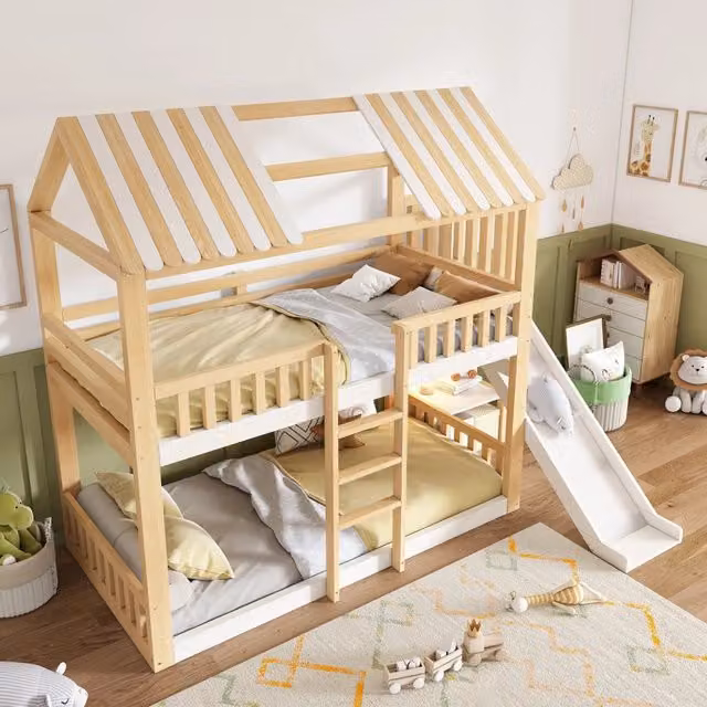 Letto a castello per bambini, 90x200 cm, a forma di casetta, con scivolo, materasso escluso, bianco + color legno