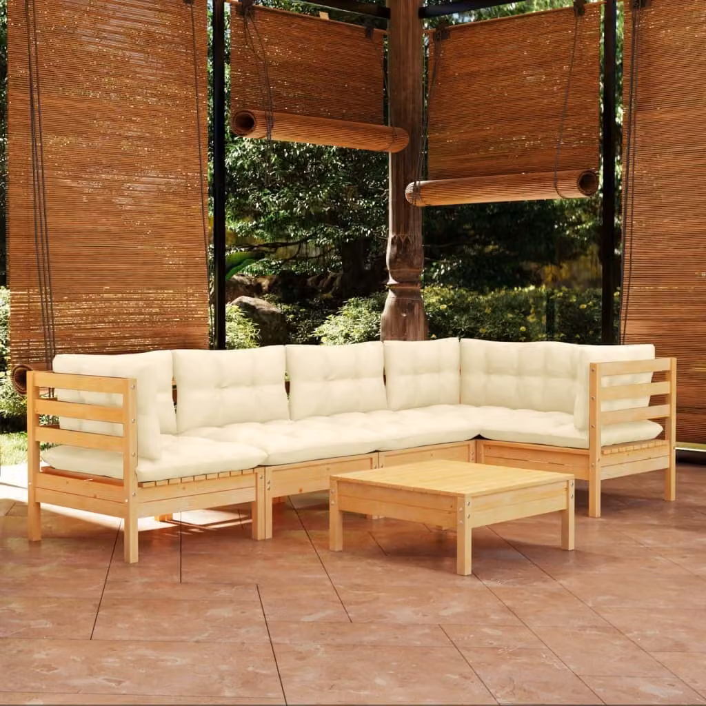 The Living Store Set da giardino da 6 pezzi con cuscini crema in legno di pino