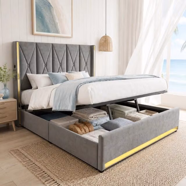 Letto matrimoniale contenitore MODFU in velluto grigio con testiera alta, porta USB, Type-C e LED, L/P/H: 180 x 200 x 141 cm