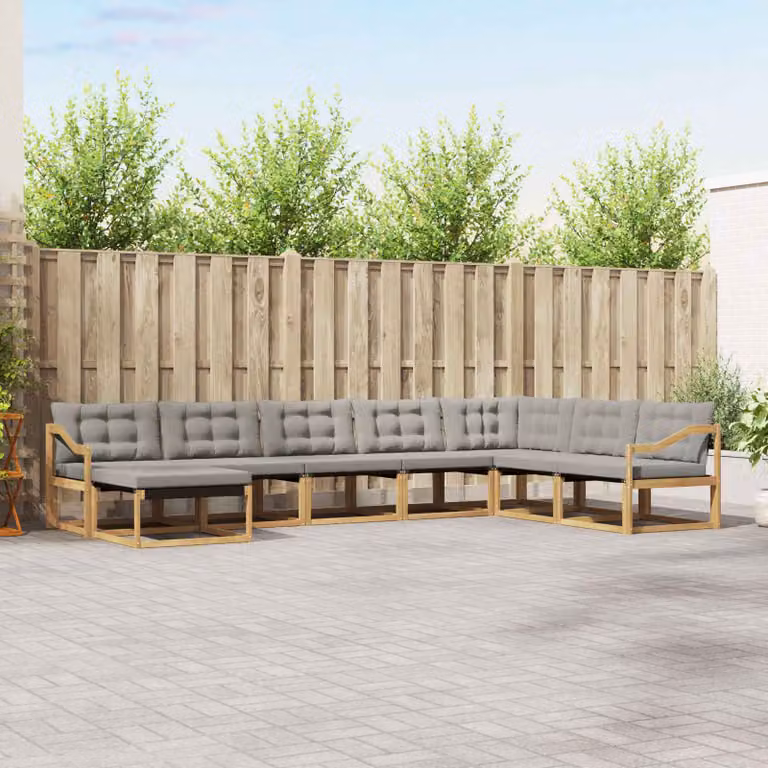 vidaXL Set di divani da esterno a forma di U composto da 8 pezzi in legno di acacia con cuscini bianchi e grigi