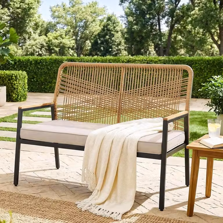 Panchina da giardino in rattan - Panchina da giardino a 2 posti in polyrattan - Struttura in metallo - Cuscino di seduta da 8 cm - Per terrazza, balcone e giardino - Giallo crema