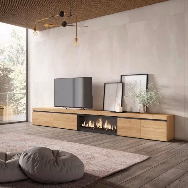 Mobile TV Soggiorno, 368x35x45, Camino elettrico XXL, colore Rovere RF3690