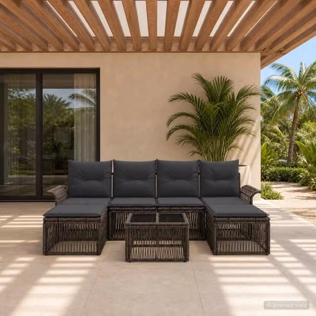 Set Divano da Giardino 7 Pezzi vidaXL Grigio con Cuscini e Tavolino in Polyrattan e Acciaio