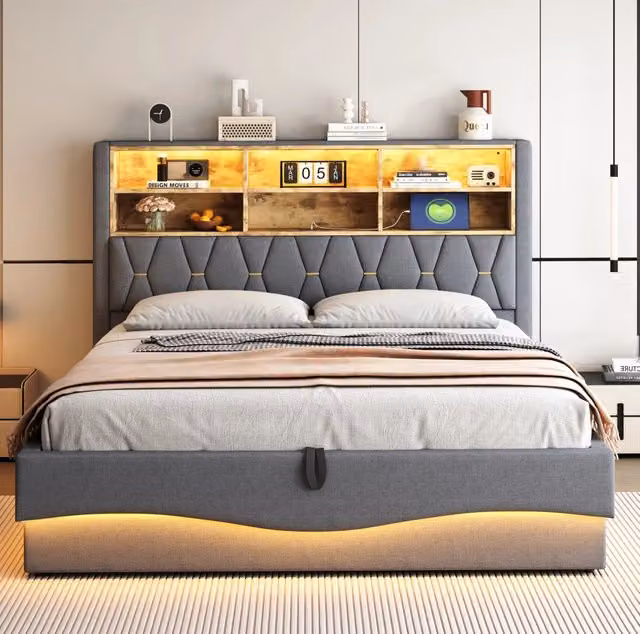 Letto matrimoniale 180x200 cm con contenitore idraulico; LED e porta USB; grigio