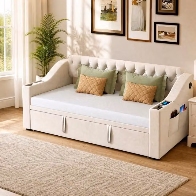 Divano letto 215x98.5x78.5 cm con rete a doghe e vani portaoggetti in velluto beige