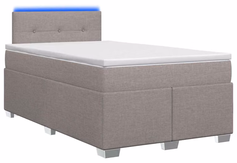 Letto con boxspring, materasso e illuminazione LED color taupe, dimensioni 120 x 200 cm, rivestito in tessuto