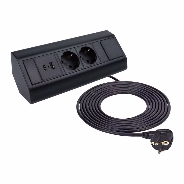 Prese angolari da incasso, modello "Corner Box", per mobili, con prese USB di tipo A e C, e 2 prese Schuko