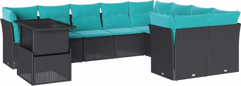 set di divani da giardino da 10 pezzi con cuscini, in polyrattan nero