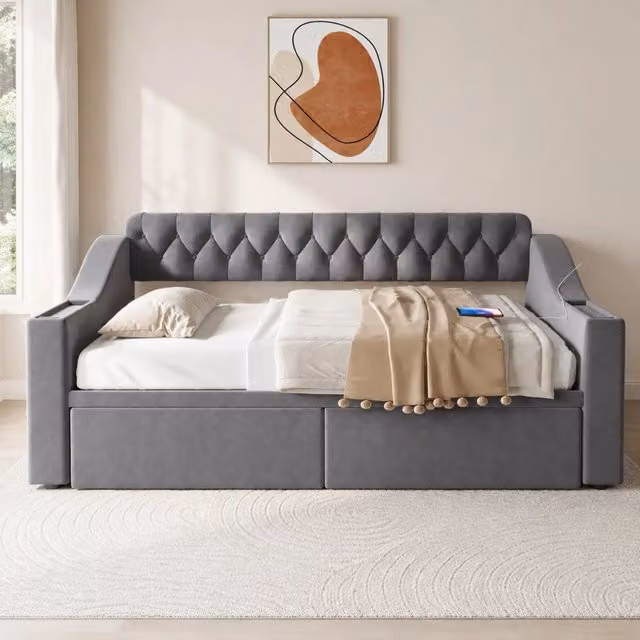 Divano letto imbottito con 2 cassetti contenitore; USB e Type-C; 90x190 cm; velluto grigio scuro