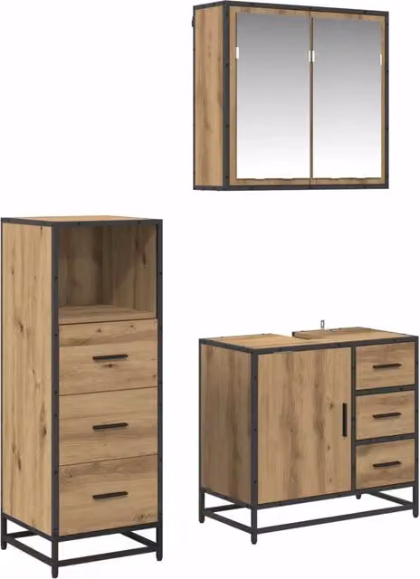 Set di mobili per il Bagno | Armadio da bagno con porta 3 pz Rovere artigianale