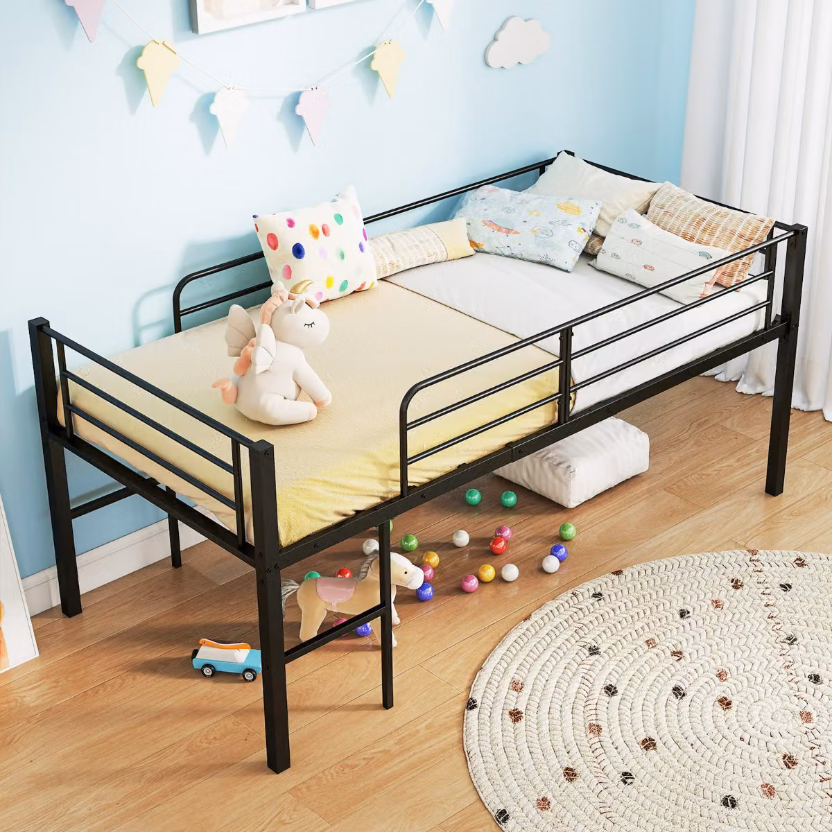 Costway Letto a soppalco singolo per ragazzi in metallo con sponde di sicurezza e 2 scale, Nero, 90x190 cm