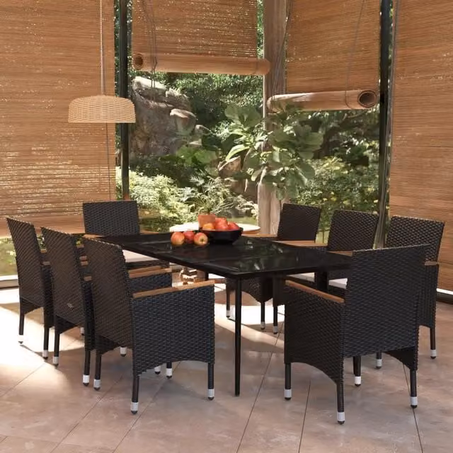 Set da pranzo da giardino vidaXL in polyrattan nero con tavolo in vetro e legno di acacia, 9 pezzi – 1