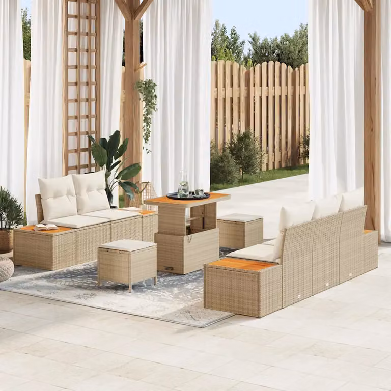 Set Divano da Giardino vidaXL 8 Pezzi a Forma di U con Tavolino e Pouf Beige