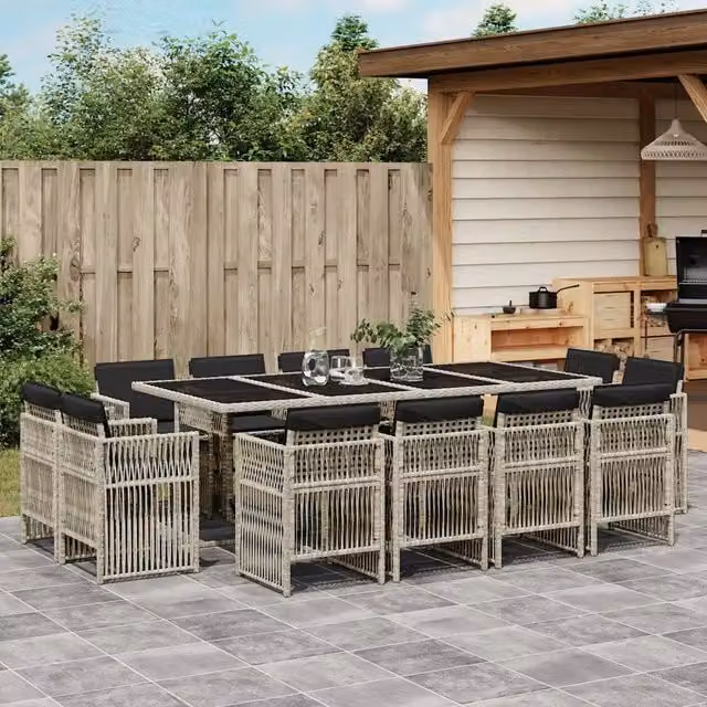 Set da pranzo da giardino vidaXL in polyrattan con cuscini e tavolo in vetro, 13 pezzi, grigio antracite – 1