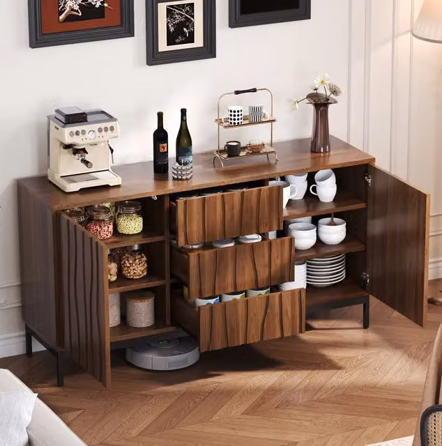 Credenza 150 cm in MDF e PB; con 3 cassetti e ripiani regolabili; marrone scuro