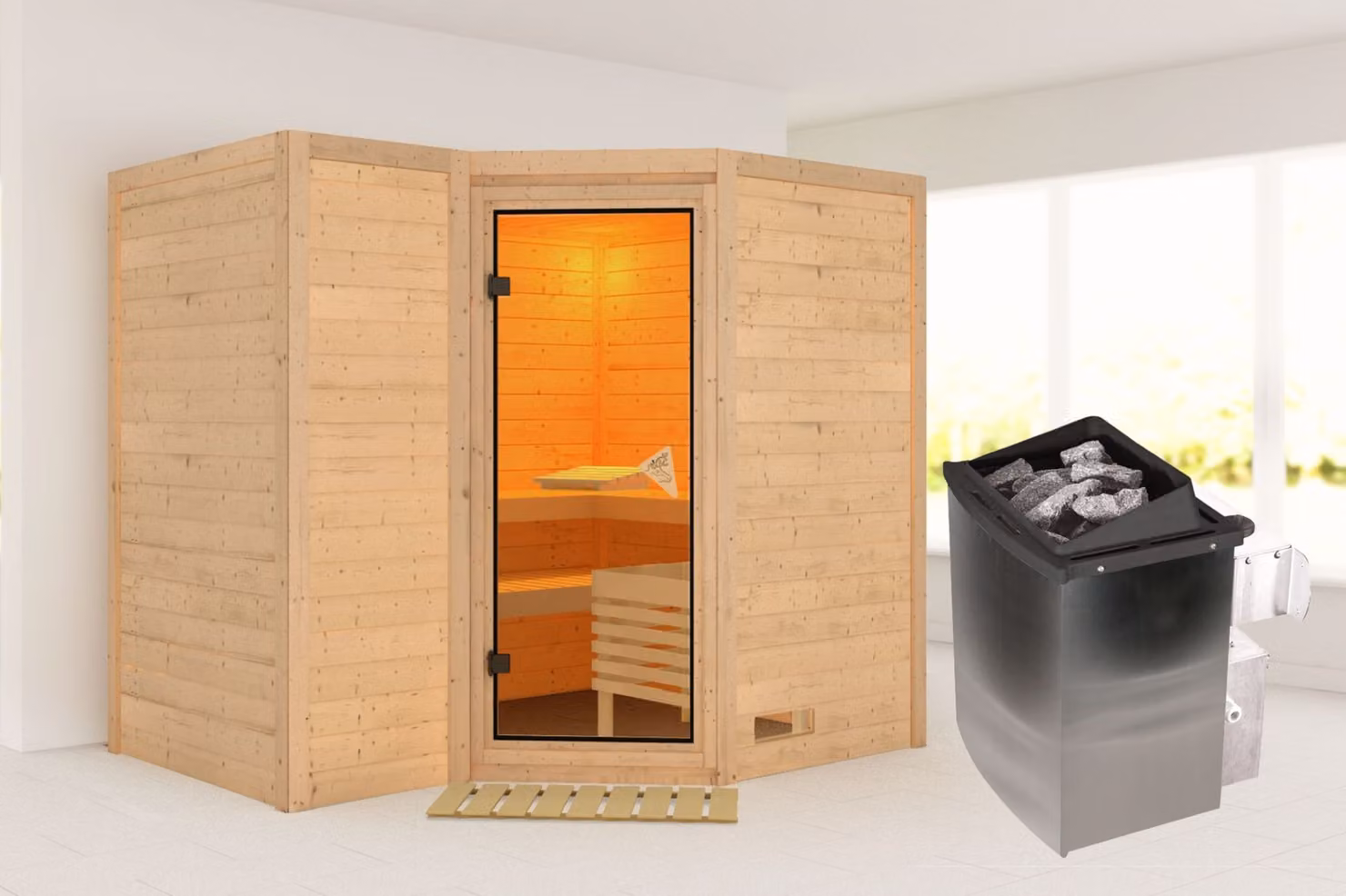 Cabina Karibu sauna interna Sahib Sauna interna 3 panche in legno con finitura naturale Cabina sauna Spessore parete: 40 mm Sauna a infrarossi