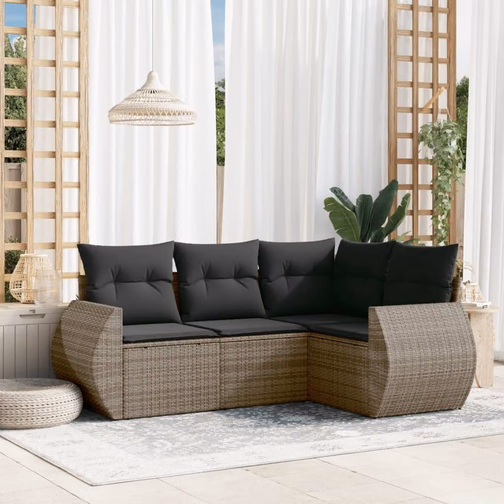vidaXL Set Divani da Giardino a L 4 pz in Polyrattan Grigio con Cuscini – 1