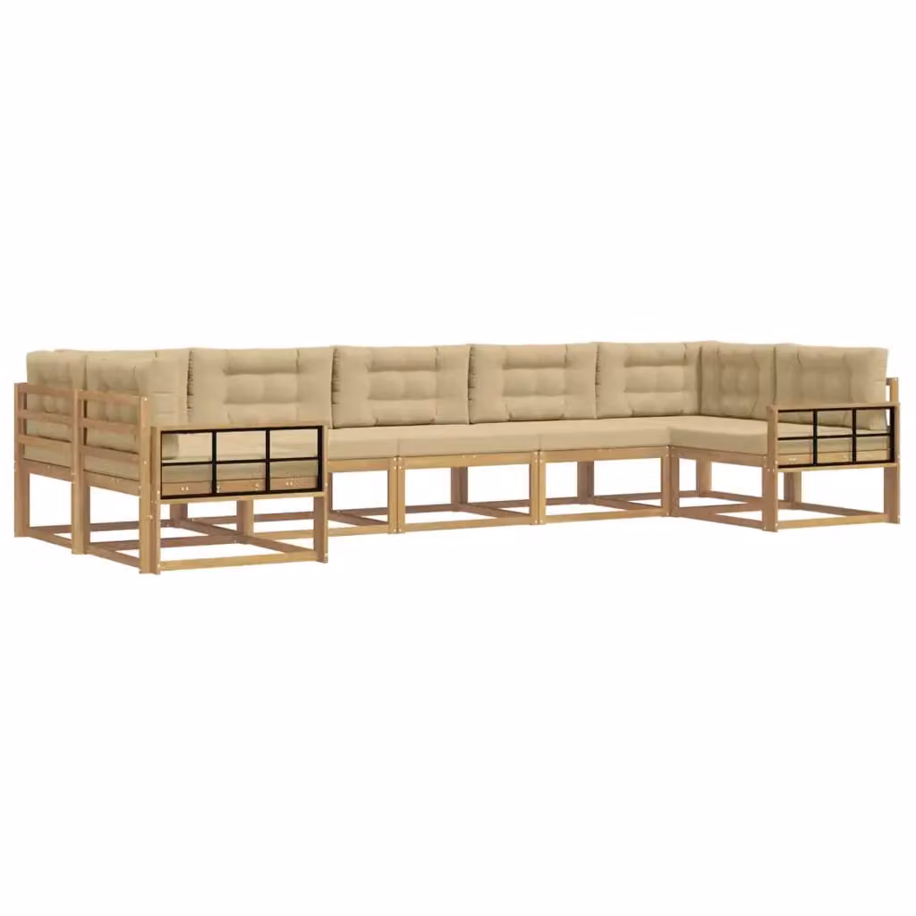 Set di divani da esterno vidaXL a forma di L composto da 7 pezzi in legno di acacia con cuscini in bianco, beige e marrone – 2