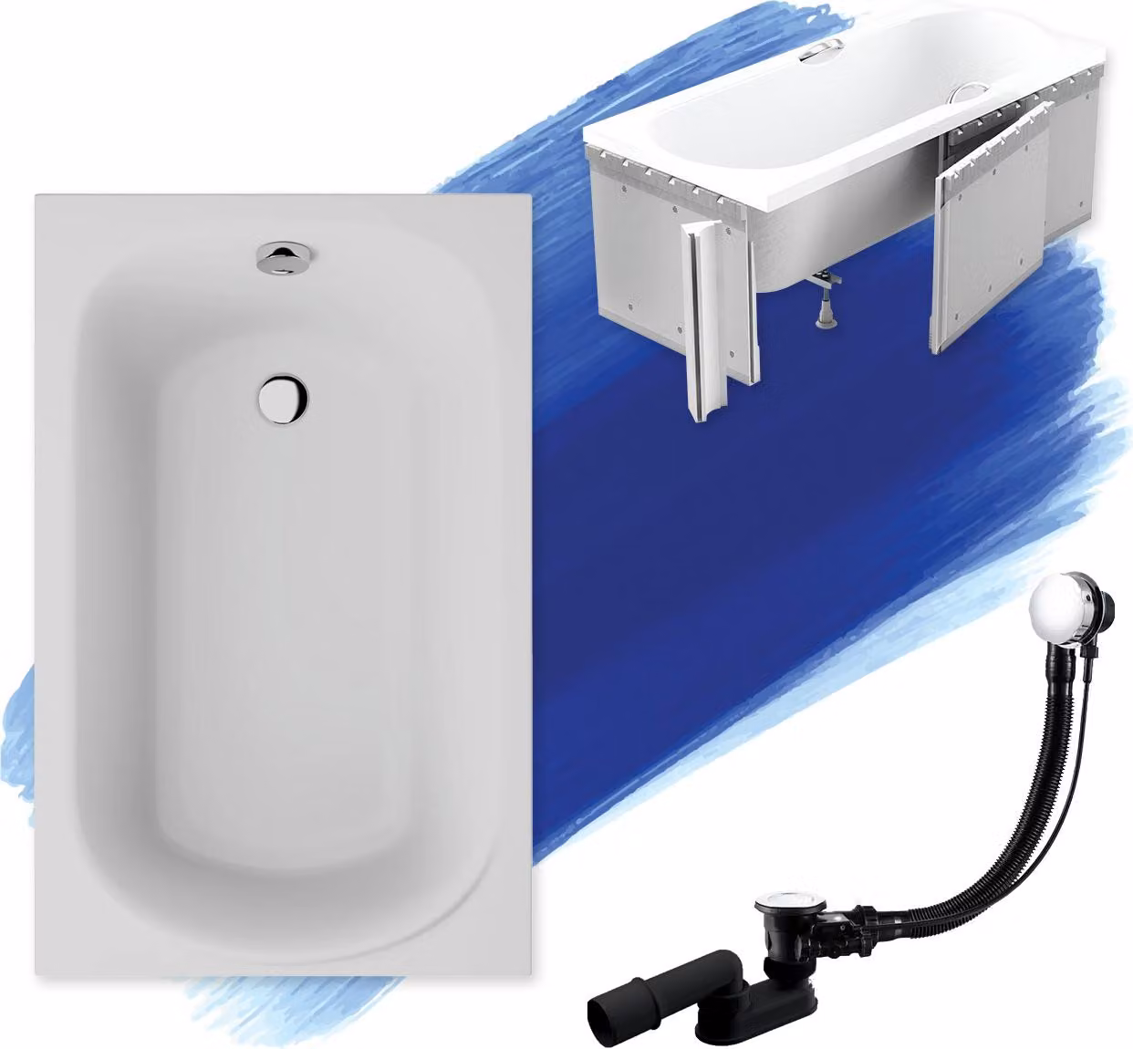 Vasca rettangolare 100x65 con rivestimento in polistirolo, set di scarico e piedini GRATIS | Set completo 4in1 Vasca originale in acrilico con sifone | BADLAND MINI