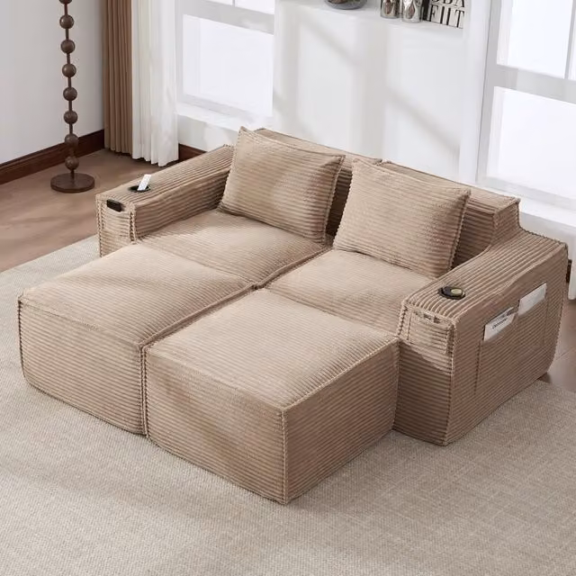 Divano 2 posti con set di 2 poggiapiedi ¨C Minimal ¨C tessuto imbottito con tasche laterali