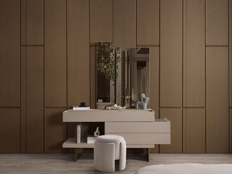 Schminktisch mit Spiegel schlichter Stil Gemütlichkeit Hocker Beige Hochwertig