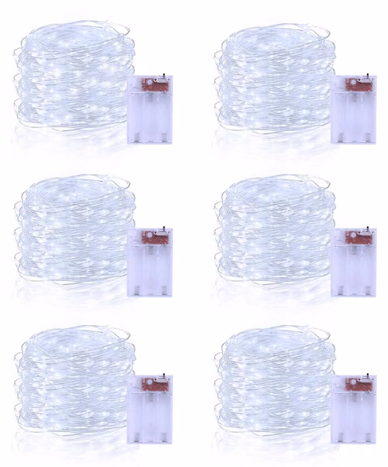 Catena luminosa, 5 metri, 50 LED, alimentata a batteria, 2 modalità, confezione da 6 pezzi, colore bianco