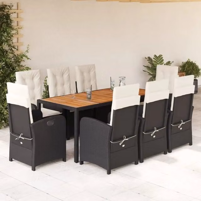 Set da Pranzo da Giardino vidaXL in Polyrattan e Legno di Acacia con Cuscini, 9 Pezzi, Nero