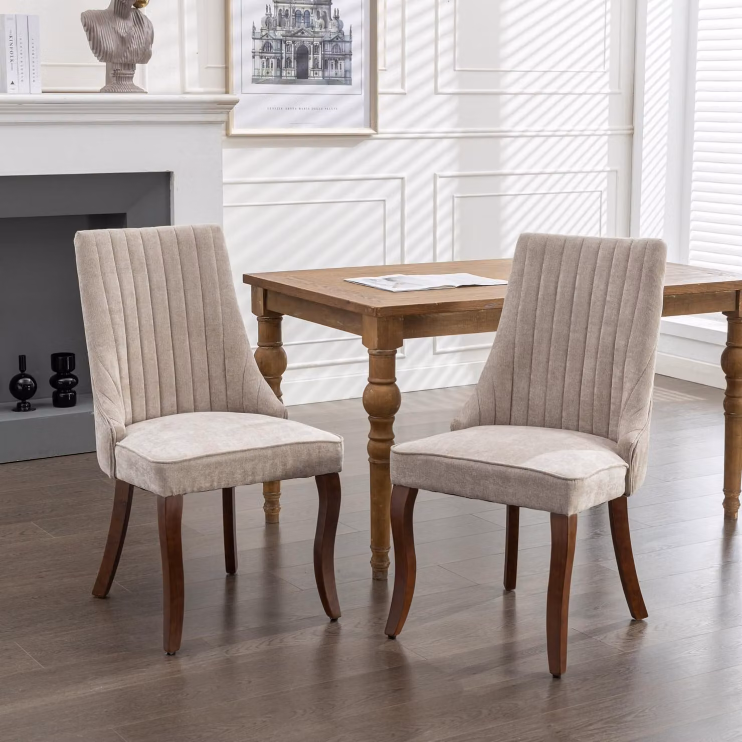 Sedie da pranzo, sedia da cucina, comoda sedia decorativa rivestita in tessuto per sala da pranzo con gambe curve in legno massello, set da 2 pezzi