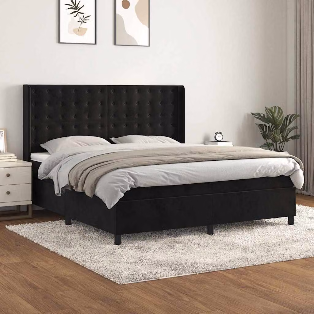 vidaXL Giroletto a Molle con Materasso in Velluto Nero L/P: 160 x 200 cm – 1