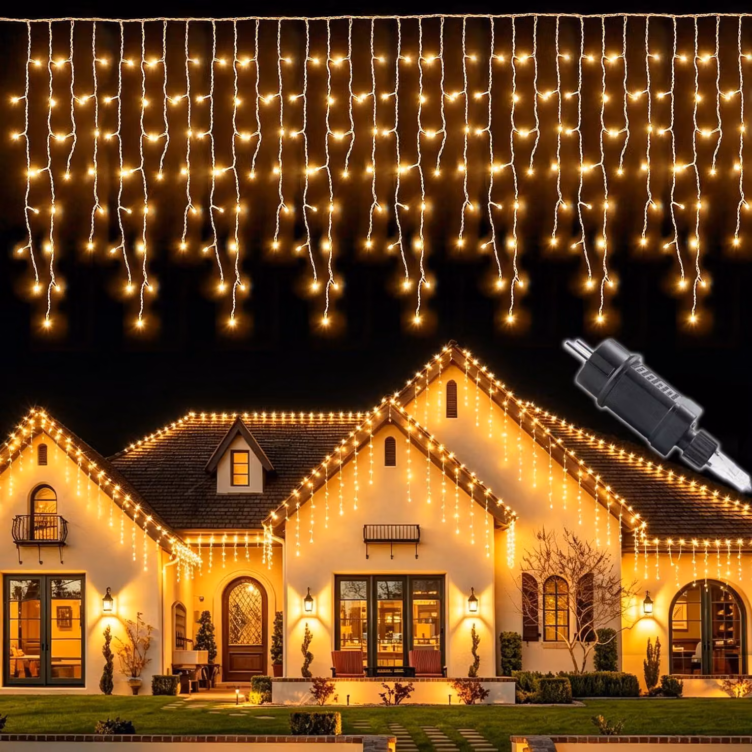Catena luminosa effetto neve, 10 metri, 400 LED, luce bianco caldo, timer, 8 modalità