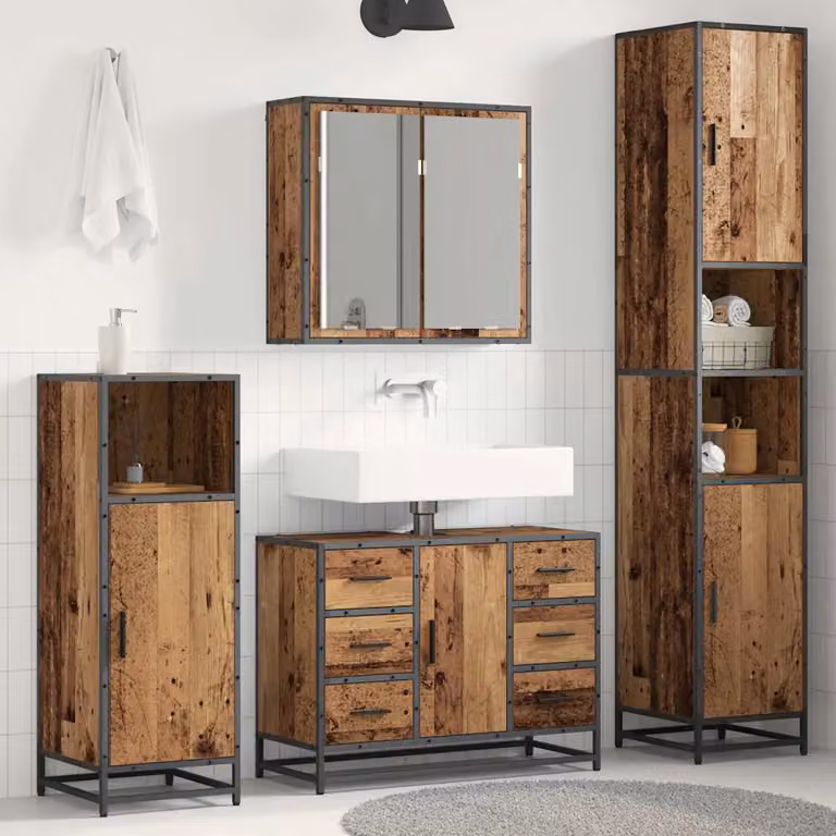 Set di mobili per il bagno vidaXL in stile moderno color marrone composto da armadietto con specchio, mobile lavabo e colonna alta, L/P/H: 80 x 33 x 188,5 cm