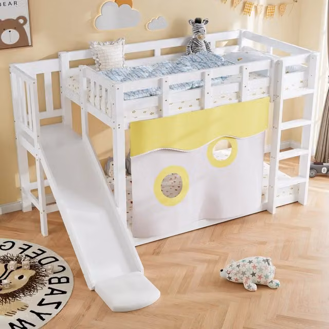Letto a castello per bambini 90 × 200 cm con scala, scivolo e tende, senza materasso, legno bianco