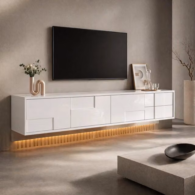 Mobile TV Mivray bianco lucido con 3 ante e 2 cassetti, sospeso o da terra, L 170 cm x P 30 cm x H 30.5 cm