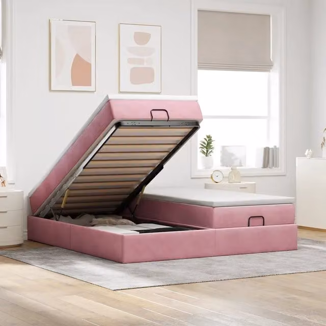 Letto con contenitore a sollevamento vidaXL in velluto rosa e bianco L/P: 200 x 200 cm