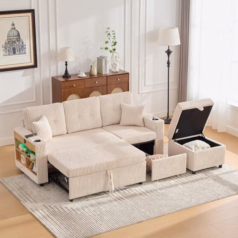 LVHOM divano letto 3 in 1 con USB e LED, divano a 3 posti con funzione letto, divano letto con ripiano laterale, divano componibile con pouf, tessuto a coste, beige