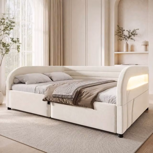 Letto imbottito MODFU con contenitore idraulico e illuminazione LED in tessuto beige L/P: 140 x 200 cm