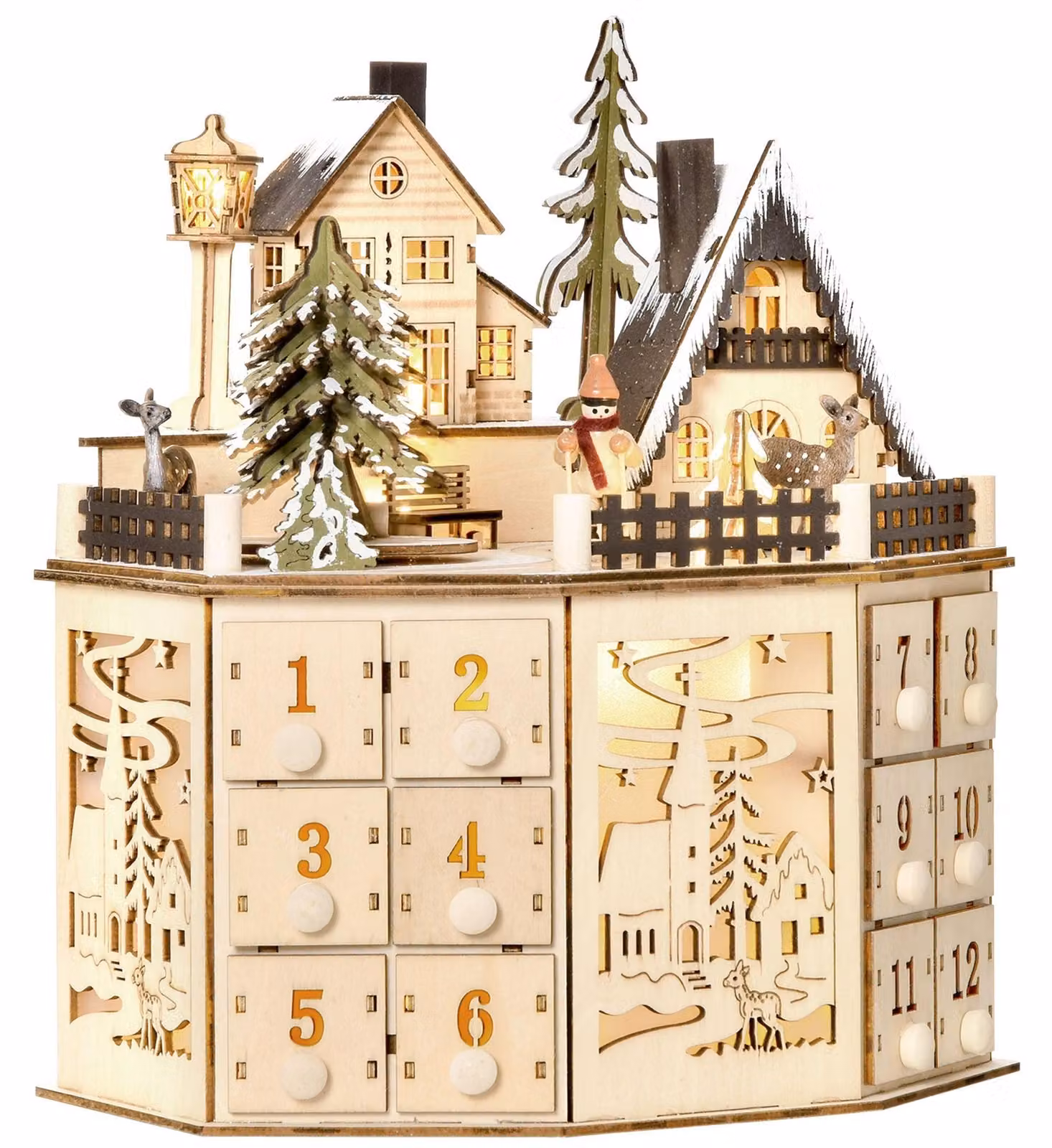 Calendario dell'Avvento – 24 scomparti – Finitura in legno naturale con illuminazione a LED, senza cavo di alimentazione