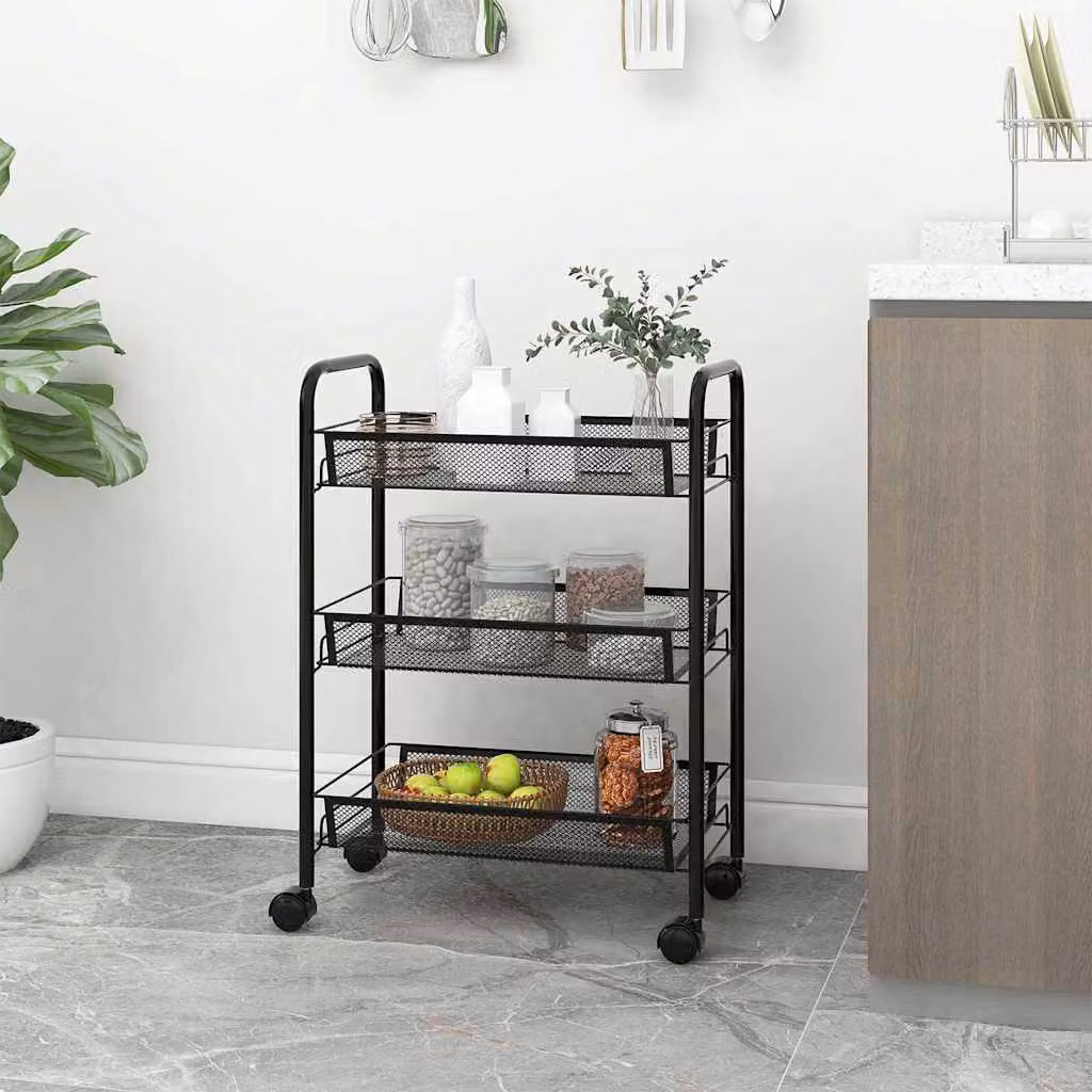 vidaXL Carrello da Cucina Moderno in Metallo Nero con 3 Ripiani e Ruote L/P/H: 46 x 26 x 64 cm