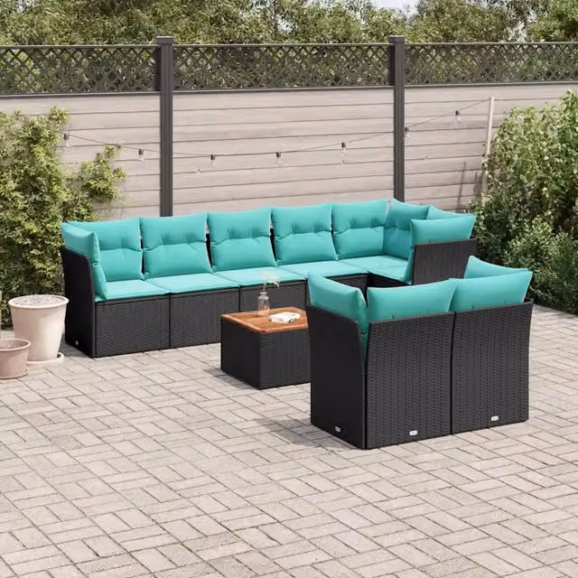 Set Divani da Giardino 9 pz con Cuscini Nero in Polyrattan 3256064