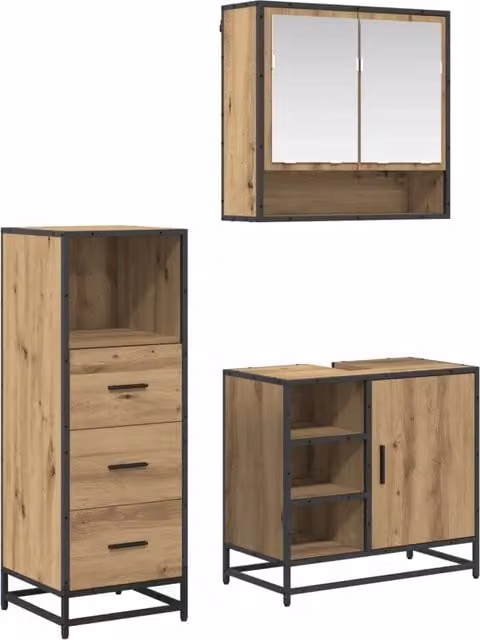 Set di mobili per il bagno moderno vidaXL composto da mobile lavabo, armadietto alto e pensile con specchio, finitura marrone e nero in legno e metallo