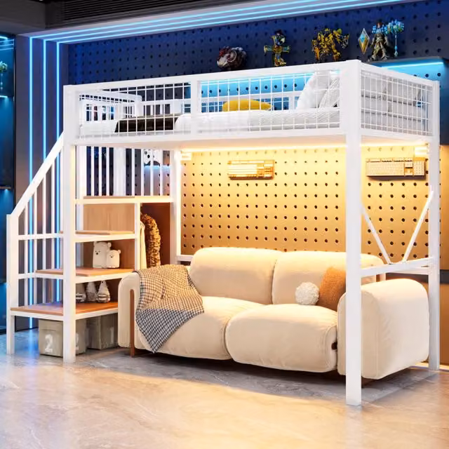 Letto a soppalco in metallo 90x200 cm con scala contenitore; LED e barriera di sicurezza bianco