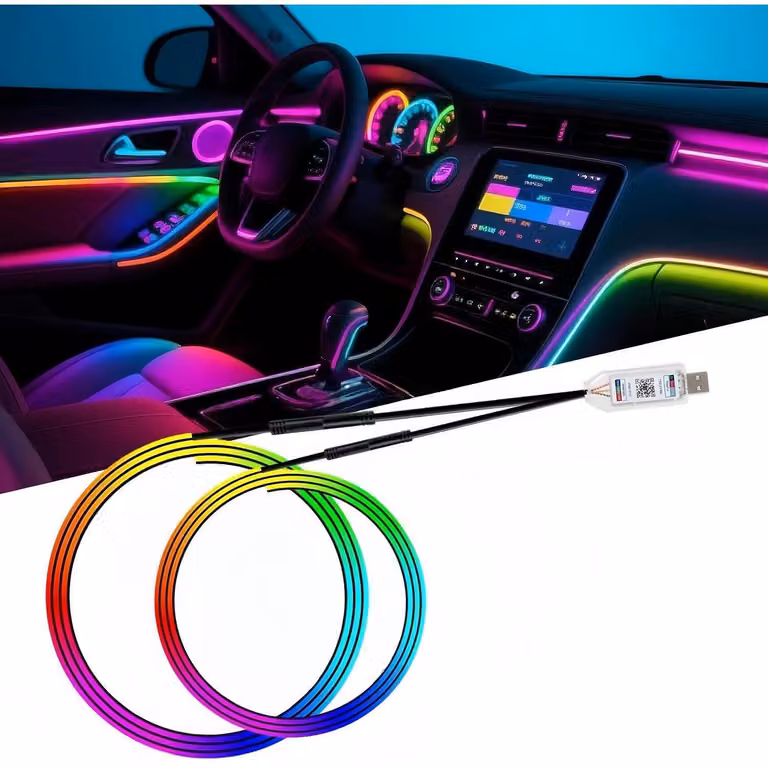 Illuminazione interna per auto in acrilico, LED 2in1, 110cm + 35cm, 290 LED RGB, 16 milioni di colori, controllo tramite app, alimentazione USB