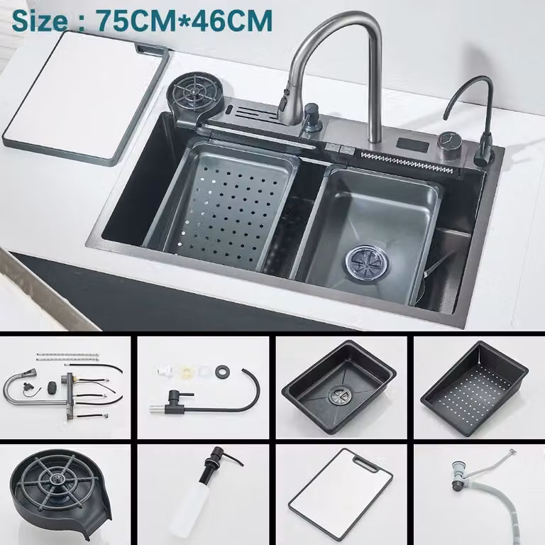 Lavello da cucina a cascata - Vasca rettangolare singola - Acciaio inossidabile 304 - Lavello da incasso - Con rubinetto, display digitale e controllo touch - Grigio spazzolato, modello D2-Y